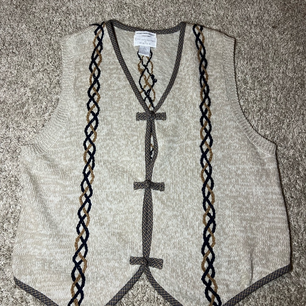 Beige Knit Vest with Braided Trim